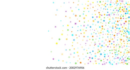Rainbow Festive Confetti. Carnival Template. Colorful Star Falling. Beautiful Holidays Party. Little Tiny Multicolor Sprockets on White Background. Bright Vector Illustration.