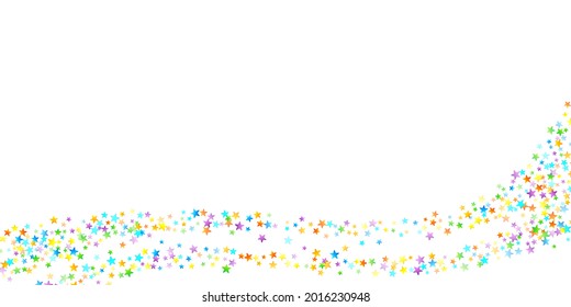 Confetti festivo arcoiris. Plantilla de Carnaval. Estrella Colorida Cae. Hermosa fiesta de vacaciones. Pequeños baldes multicolores sobre fondo blanco. Ilustración del vector brillante.