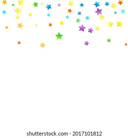 Rainbow Festive Confetti. Carnival Template. Colorful Star Falling. Beautiful Holidays Party. Little Tiny Multicolor Sprockets on White Background. Bright Vector Illustration.