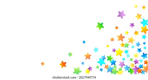 Confetti festivo arcoiris. Plantilla de Carnaval. Estrella Colorida Cae. Hermosa fiesta de vacaciones. Pequeños baldes multicolores sobre fondo blanco. Ilustración del vector brillante.