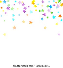 Rainbow Festive Confetti. Carnival Template. Colorful Star Falling. Beautiful Holidays Party. Little Tiny Multicolor Sprockets on White Background. Bright Vector Illustration.