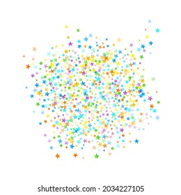 Rainbow Festive Confetti. Carnival Template. Colorful Star Falling. Beautiful Holidays Party. Little Tiny Multicolor Sprockets on White Background. Bright Vector Illustration.