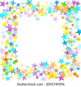 Rainbow Festive Confetti. Carnival Template. Colorful Star Falling. Beautiful Holidays Party. Little Tiny Multicolor Sprockets on White Background. Bright Vector Illustration.