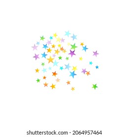 Rainbow Festive Confetti. Karnevalsvorlage. Farbiger Star fällt. Schöne Feiertage. Kleine, kleine, mehrfarbige Schmutzspritzen auf weißem Hintergrund. Helle Vektorgrafik.