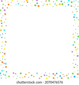 Rainbow Festive Confetti. Carnival Template. Colorful Star Falling. Beautiful Holidays Party. Little Tiny Multicolor Sprockets on White Background. Bright Vector Illustration.
