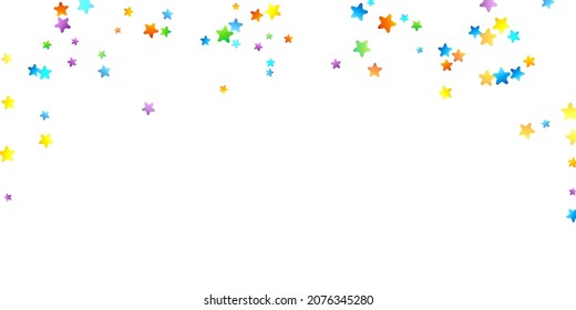 Confetti festivo arcoiris. Plantilla de Carnaval. Estrella Colorida Cae. Hermosa fiesta de vacaciones. Pequeños baldes multicolores sobre fondo blanco. Ilustración del vector brillante.