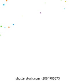 Rainbow Festive Confetti. Carnival Template. Colorful Star Falling. Beautiful Holidays Party. Little Tiny Multicolor Sprockets on White Background. Bright Vector Illustration.