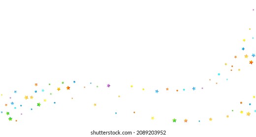 Confetti festivo arcoiris. Plantilla de Carnaval. Estrella Colorida Cae. Hermosa fiesta de vacaciones. Pequeños baldes multicolores sobre fondo blanco. Ilustración del vector brillante.