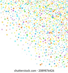 Rainbow Festive Confetti. Carnival Template. Colorful Star Falling. Beautiful Holidays Party. Little Tiny Multicolor Sprockets on White Background. Bright Vector Illustration.
