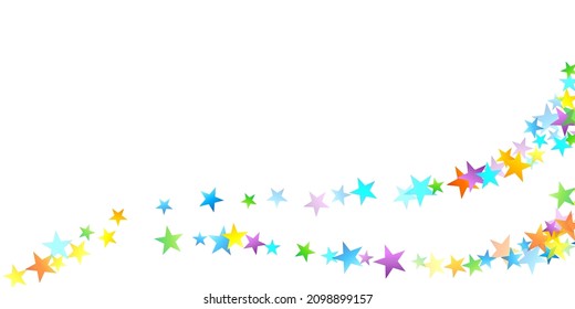 Confetti festivo arcoiris. Plantilla de Carnaval. Estrella Colorida Cae. Hermosa fiesta de vacaciones. Pequeños baldes multicolores sobre fondo blanco. Ilustración del vector brillante.