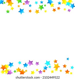 Rainbow Festive Confetti. Karnevalsvorlage. Farbiger Star fällt. Schöne Feiertage. Kleine, kleine, mehrfarbige Schmutzspritzen auf weißem Hintergrund. Helle Vektorgrafik.