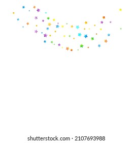 Rainbow Festive Confetti. Carnival Template. Colorful Star Falling. Beautiful Holidays Party. Little Tiny Multicolor Sprockets on White Background. Bright Vector Illustration.