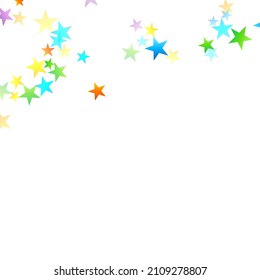 Rainbow Festive Confetti. Carnival Template. Colorful Star Falling. Beautiful Holidays Party. Little Tiny Multicolor Sprockets on White Background. Bright Vector Illustration.