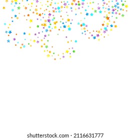 Rainbow Festive Confetti. Carnival Template. Colorful Star Falling. Beautiful Holidays Party. Little Tiny Multicolor Sprockets on White Background. Bright Vector Illustration.