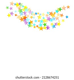 Rainbow Festive Confetti. Carnival Template. Colorful Star Falling. Beautiful Holidays Party. Little Tiny Multicolor Sprockets on White Background. Bright Vector Illustration.