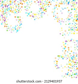 Rainbow Festive Confetti. Carnival Template. Colorful Star Falling. Beautiful Holidays Party. Little Tiny Multicolor Sprockets on White Background. Bright Vector Illustration.