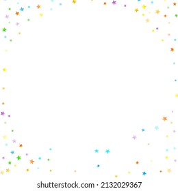 Rainbow Festive Confetti. Carnival Template. Colorful Star Falling. Beautiful Holidays Party. Little Tiny Multicolor Sprockets on White Background. Bright Vector Illustration.