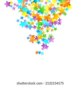 Confetti festivo arcoiris. Plantilla de Carnaval. Estrella Colorida Cae. Hermosa fiesta de vacaciones. Pequeños baldes multicolores sobre fondo blanco. Ilustración del vector brillante.