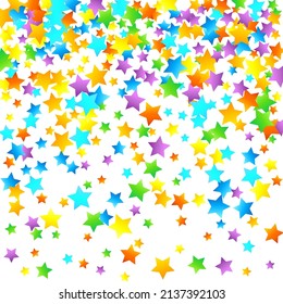 Confetti festivo arcoiris. Plantilla de Carnaval. Estrella Colorida Cae. Hermosa fiesta de vacaciones. Pequeños baldes multicolores sobre fondo blanco. Ilustración del vector brillante.