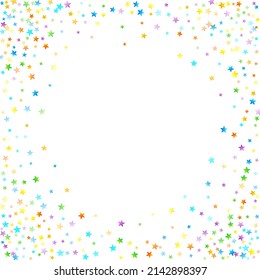 Rainbow Festive Confetti. Carnival Template. Colorful Star Falling. Beautiful Holidays Party. Little Tiny Multicolor Sprockets on White Background. Bright Vector Illustration.