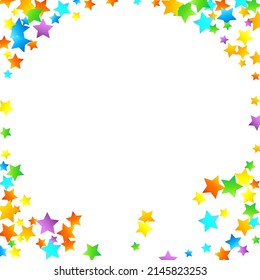 Rainbow Festive Confetti. Carnival Template. Colorful Star Falling. Beautiful Holidays Party. Little Tiny Multicolor Sprockets on White Background. Bright Vector Illustration.