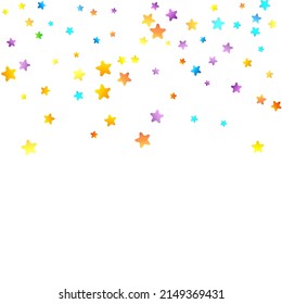 Rainbow Festive Confetti. Carnival Template. Colorful Star Falling. Beautiful Holidays Party. Little Tiny Multicolor Sprockets on White Background. Bright Vector Illustration.