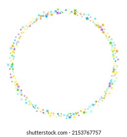 Confetti festivo arcoiris. Plantilla de Carnaval. Estrella Colorida Cae. Hermosa fiesta de vacaciones. Pequeños baldes multicolores sobre fondo blanco. Ilustración del vector brillante.