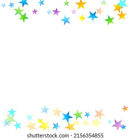 Rainbow Festive Confetti. Carnival Template. Colorful Star Falling. Beautiful Holidays Party. Little Tiny Multicolor Sprockets on White Background. Bright Vector Illustration.