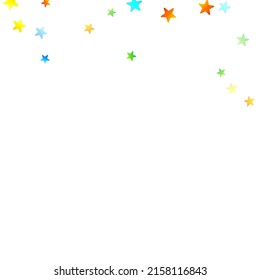 Confetti festivo arcoiris. Plantilla de Carnaval. Estrella Colorida Cae. Hermosa fiesta de vacaciones. Pequeños baldes multicolores sobre fondo blanco. Ilustración del vector brillante.