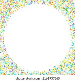 Rainbow Festive Confetti. Carnival Template. Colorful Star Falling. Beautiful Holidays Party. Little Tiny Multicolor Sprockets on White Background. Bright Vector Illustration.