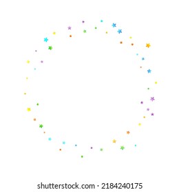 Confetti festivo arcoiris. Plantilla de Carnaval. Estrella Colorida Cae. Hermosa fiesta de vacaciones. Pequeños baldes multicolores sobre fondo blanco. Ilustración del vector brillante.