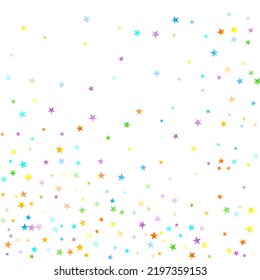 Confetti festivo arcoiris. Plantilla de Carnaval. Estrella Colorida Cae. Hermosa fiesta de vacaciones. Pequeños baldes multicolores sobre fondo blanco. Ilustración del vector brillante.
