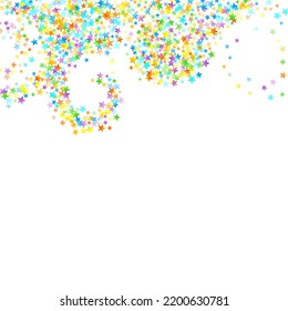 Rainbow Festive Confetti. Carnival Template. Colorful Star Falling. Beautiful Holidays Party. Little Tiny Multicolor Sprockets on White Background. Bright Vector Illustration.