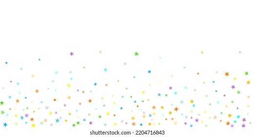 Rainbow Festive Confetti. Carnival Template. Colorful Star Falling. Beautiful Holidays Party. Little Tiny Multicolor Sprockets on White Background. Bright Vector Illustration.