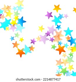 Rainbow Festive Confetti. Carnival Template. Colorful Star Falling. Beautiful Holidays Party. Little Tiny Multicolor Sprockets on White Background. Bright Vector Illustration.