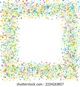 Rainbow Festive Confetti. Carnival Template. Colorful Star Falling. Beautiful Holidays Party. Little Tiny Multicolor Sprockets on White Background. Bright Vector Illustration.