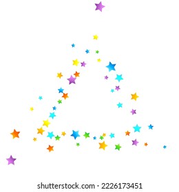 Rainbow Festive Confetti. Carnival Template. Colorful Star Falling. Beautiful Holidays Party. Little Tiny Multicolor Sprockets on White Background. Bright Vector Illustration.