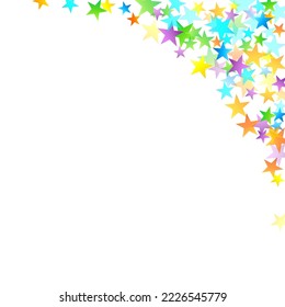 Rainbow Festive Confetti. Carnival Template. Colorful Star Falling. Beautiful Holidays Party. Little Tiny Multicolor Sprockets on White Background. Bright Vector Illustration.