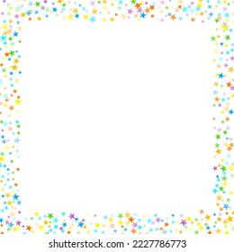 Rainbow Festive Confetti. Carnival Template. Colorful Star Falling. Beautiful Holidays Party. Little Tiny Multicolor Sprockets on White Background. Bright Vector Illustration.