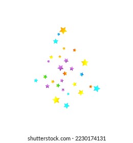Confetti festivo arcoiris. Plantilla de Carnaval. Estrella Colorida Cae. Hermosa fiesta de vacaciones. Pequeños baldes multicolores sobre fondo blanco. Ilustración del vector brillante.