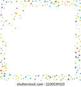 Rainbow Festive Confetti. Carnival Template. Colorful Star Falling. Beautiful Holidays Party. Little Tiny Multicolor Sprockets on White Background. Bright Vector Illustration.