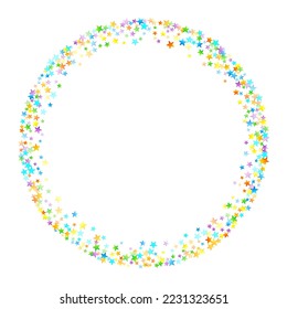Rainbow Festive Confetti. Carnival Template. Colorful Star Falling. Beautiful Holidays Party. Little Tiny Multicolor Sprockets on White Background. Bright Vector Illustration.