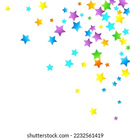 Confetti festivo arcoiris. Plantilla de Carnaval. Estrella Colorida Cae. Hermosa fiesta de vacaciones. Pequeños baldes multicolores sobre fondo blanco. Ilustración del vector brillante.