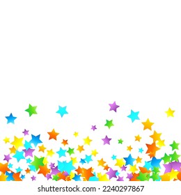 Rainbow Festive Confetti. Carnival Template. Colorful Star Falling. Beautiful Holidays Party. Little Tiny Multicolor Sprockets on White Background. Bright Vector Illustration.