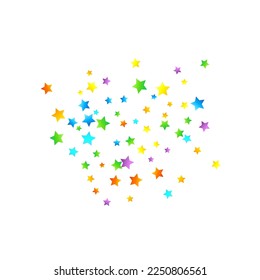 Confetti festivo arcoiris. Plantilla de Carnaval. Estrella Colorida Cae. Hermosa fiesta de vacaciones. Pequeños baldes multicolores sobre fondo blanco. Ilustración del vector brillante.