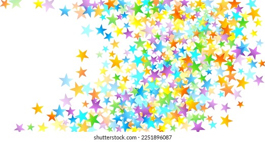 Rainbow Festive Confetti. Carnival Template. Colorful Star Falling. Beautiful Holidays Party. Little Tiny Multicolor Sprockets on White Background. Bright Vector Illustration.