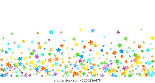 Rainbow Festive Confetti. Carnival Template. Colorful Star Falling. Beautiful Holidays Party. Little Tiny Multicolor Sprockets on White Background. Bright Vector Illustration.