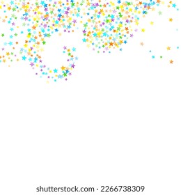 Rainbow Festive Confetti. Carnival Template. Colorful Star Falling. Beautiful Holidays Party. Little Tiny Multicolor Sprockets on White Background. Bright Vector Illustration.
