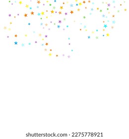 Rainbow Festive Confetti. Carnival Template. Colorful Star Falling. Beautiful Holidays Party. Little Tiny Multicolor Sprockets on White Background. Bright Vector Illustration.