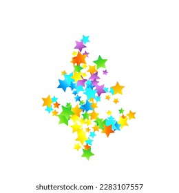 Rainbow Festive Confetti. Carnival Template. Colorful Star Falling. Beautiful Holidays Party. Little Tiny Multicolor Sprockets on White Background. Bright Vector Illustration.